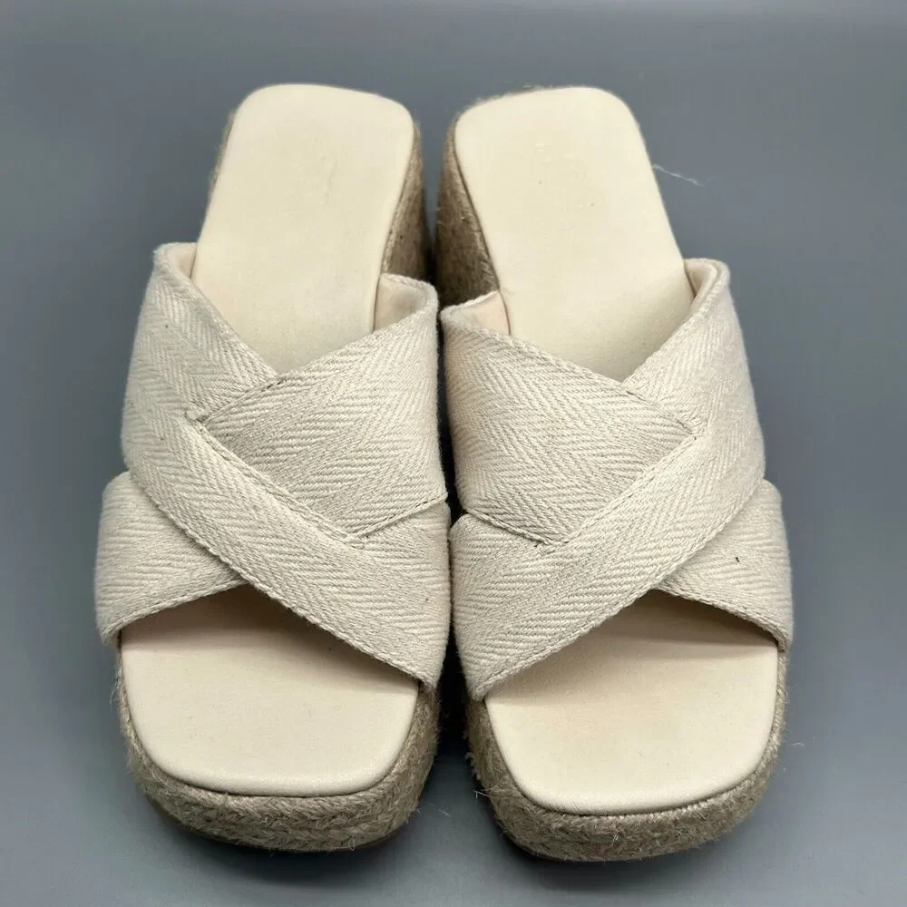 ASOS Design Wide Fit Teddy 2 Women's 8 Beige Wedge Slide Cross Slip-On Peep Toe